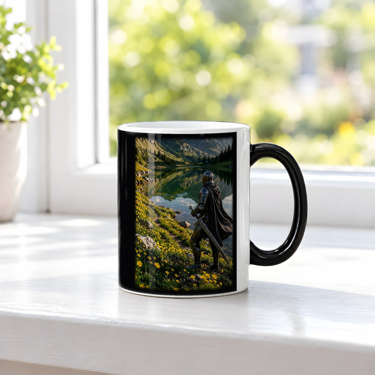 Der Wächter am See – Black Edition Zaubertasse mit Motiv (heiß), auf der Fensterbank