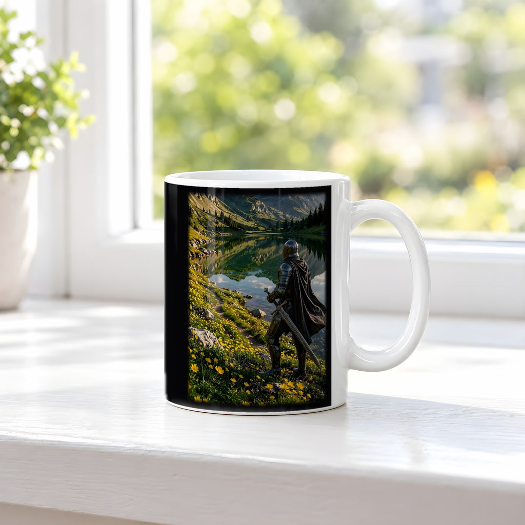 Der Wächter am See – weiße Tasse, auf der Fensterbank