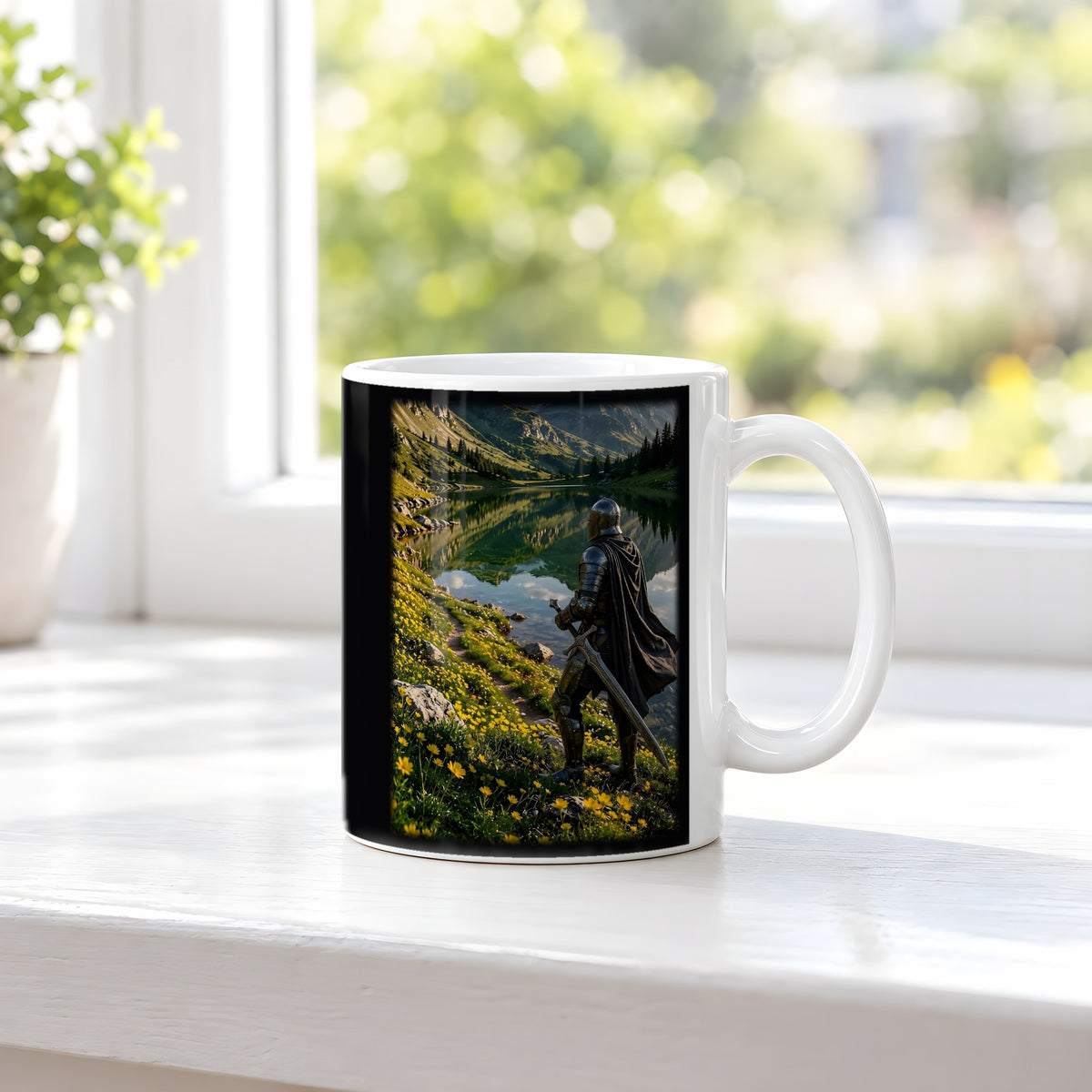 Der Wächter am See – weiße Tasse, auf der Fensterbank