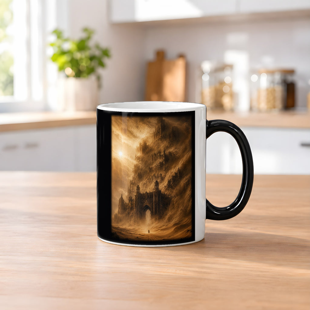 Das Wüstenimperium – Black Edition Zaubertasse mit Motiv (heiß), auf dem Küchentresen