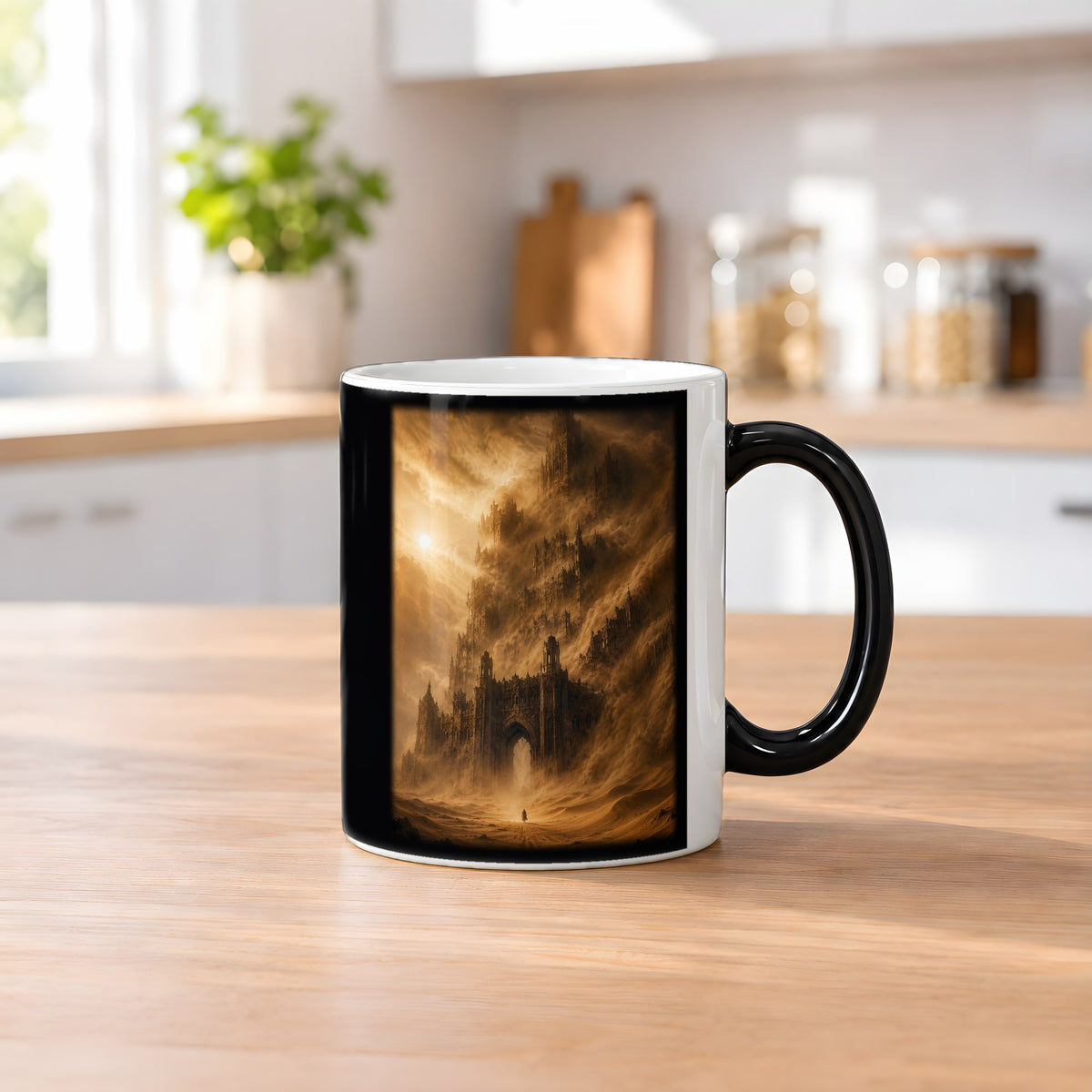 Das Wüstenimperium – Black Edition Zaubertasse mit Motiv (heiß), auf dem Küchentresen