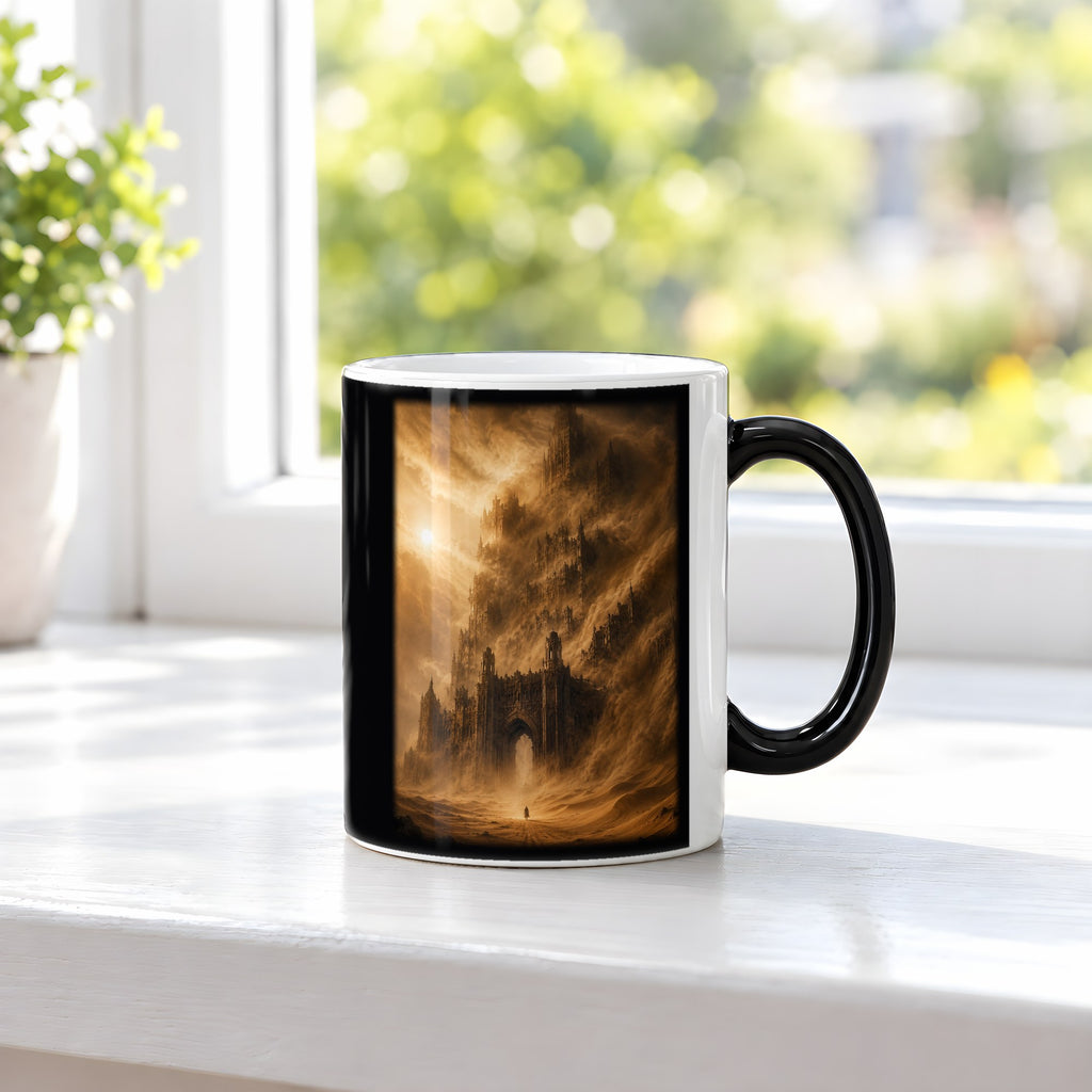 Das Wüstenimperium – Black Edition Zaubertasse mit Motiv (heiß), auf der Fensterbank
