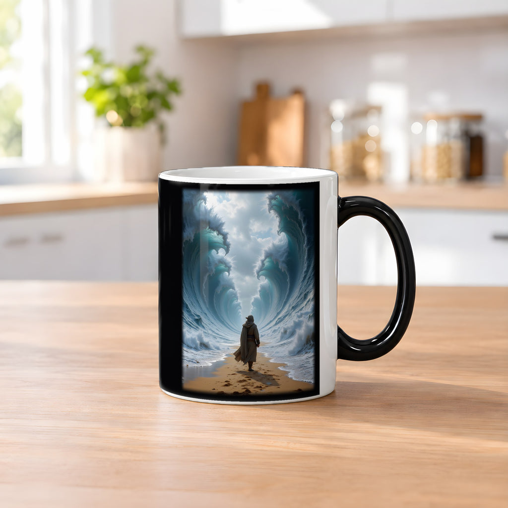 Der Wasserpfad – Black Edition Zaubertasse mit Motiv (heiß), auf dem Küchentresen
