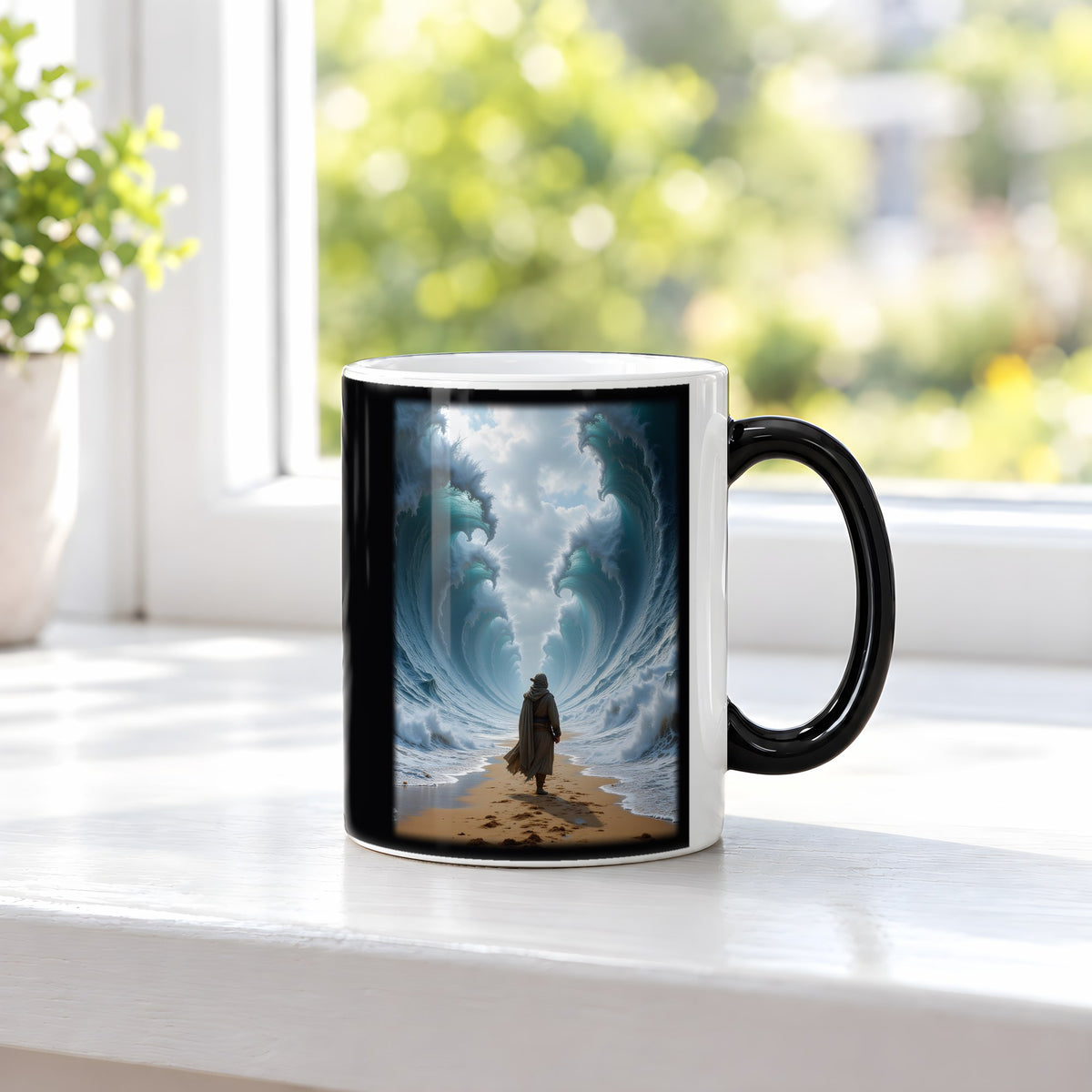 Der Wasserpfad – Black Edition Zaubertasse mit Motiv (heiß), auf der Fensterbank