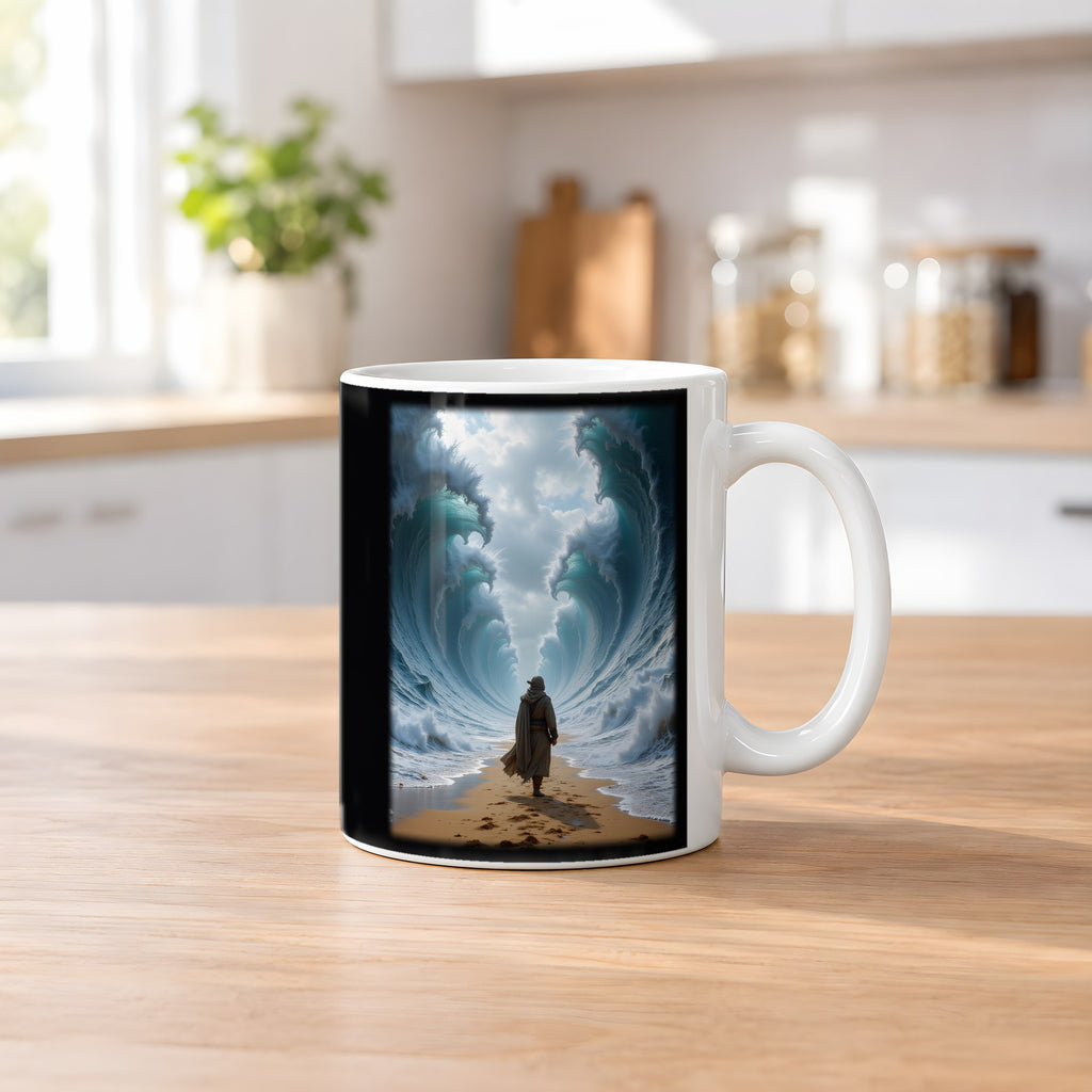 Der Wasserpfad – weiße Tasse, auf dem Küchentresen