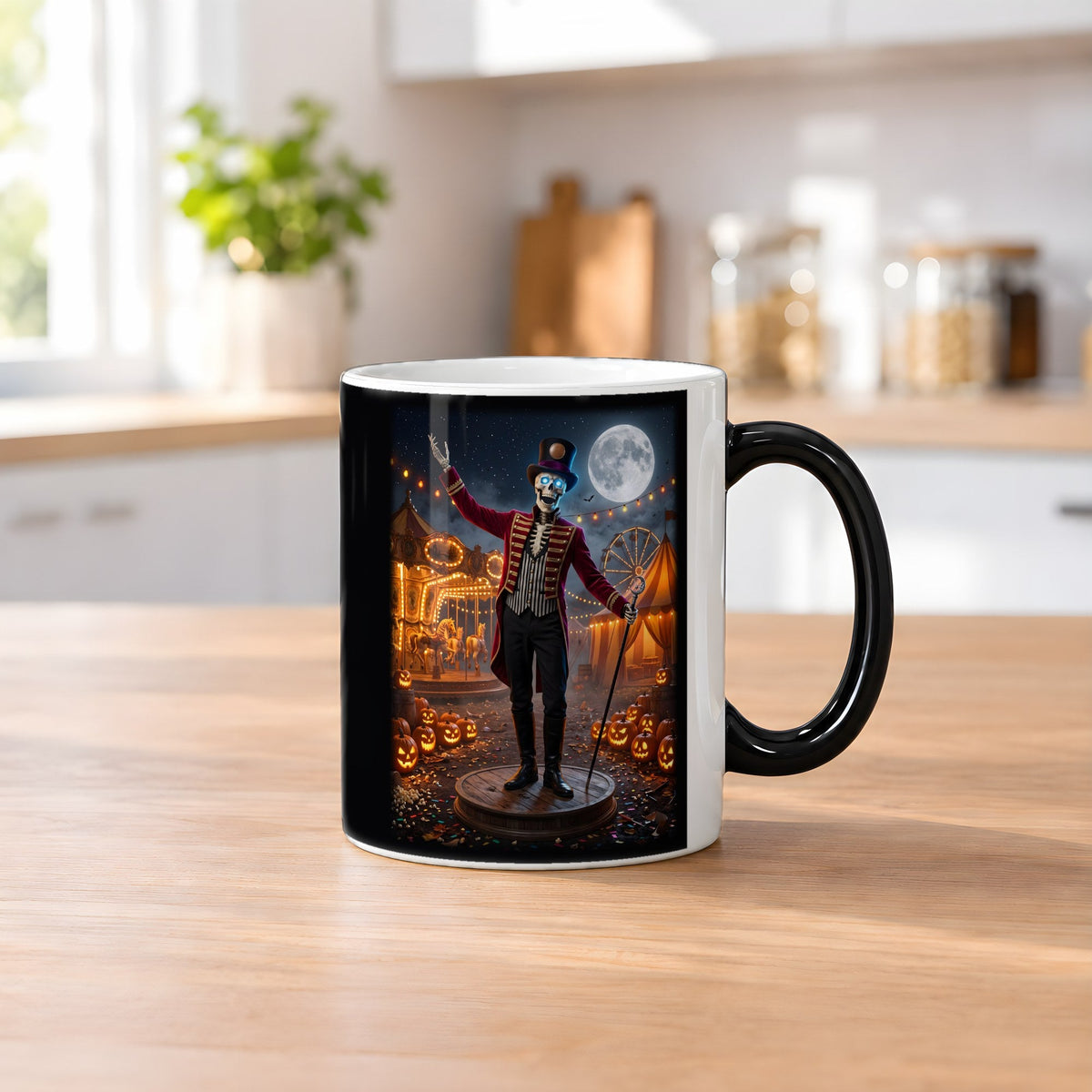 Der Zirkusdirektor – Black Edition Zaubertasse mit Motiv (heiß), auf dem Küchentresen