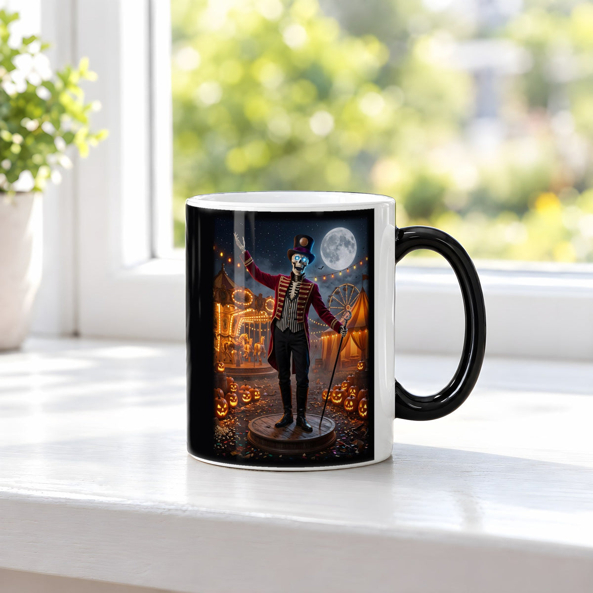 Der Zirkusdirektor – Black Edition Zaubertasse mit Motiv (heiß), auf der Fensterbank