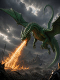 Grünfeuer — grüner Drache mit Feueratem über brennendem Tal