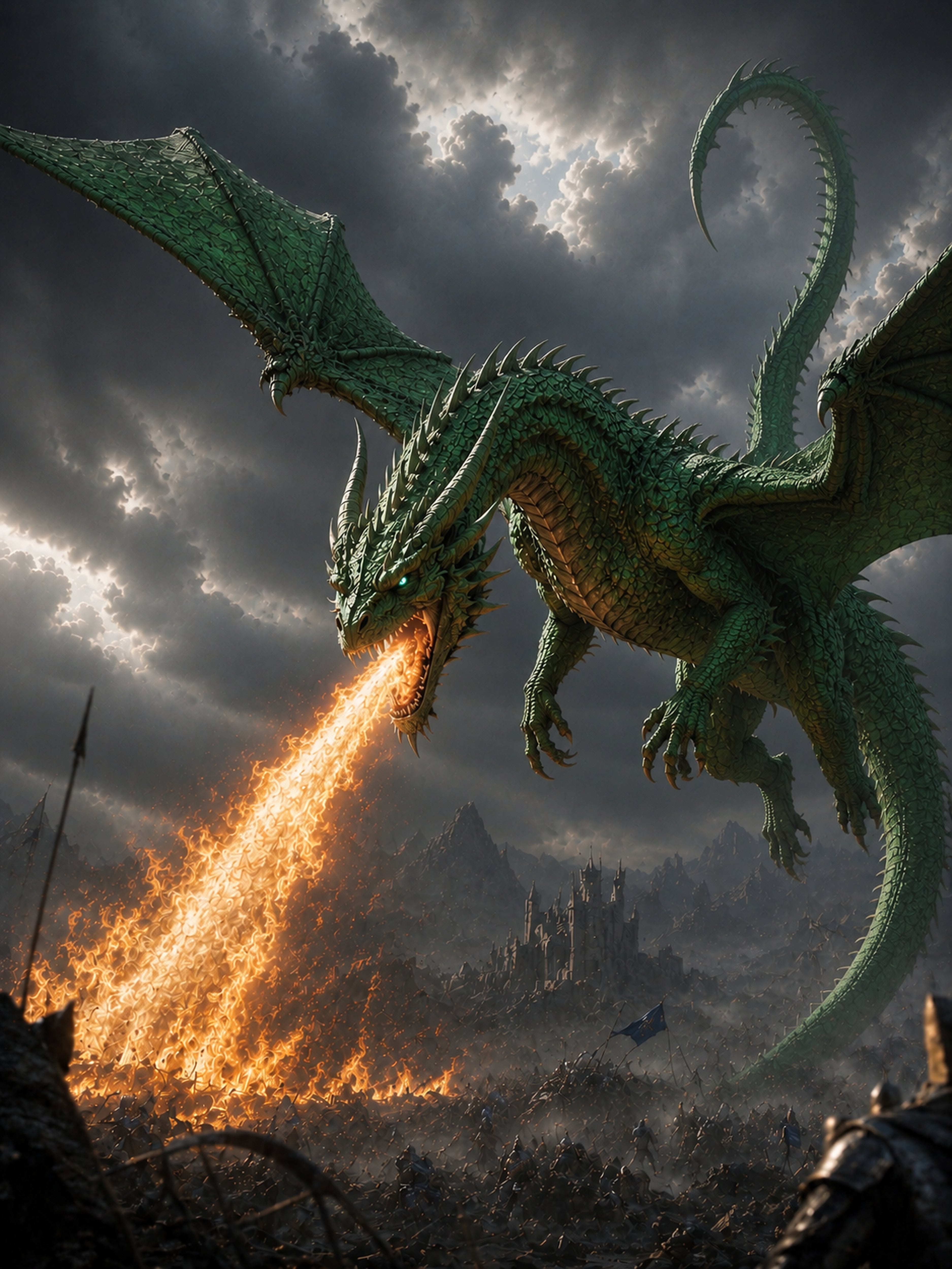 Grünfeuer — grüner Drache mit Feueratem über brennendem Tal