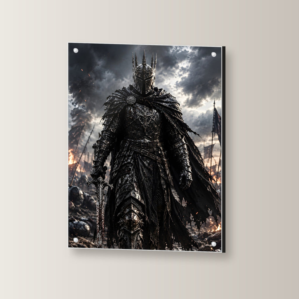 Der Gotische Ritter – Ritter mit Dornenhelm schreitet durch Rauch und Trümmer, auf Acrylglas mit Abstandshaltern, leicht gedreht an der Wand