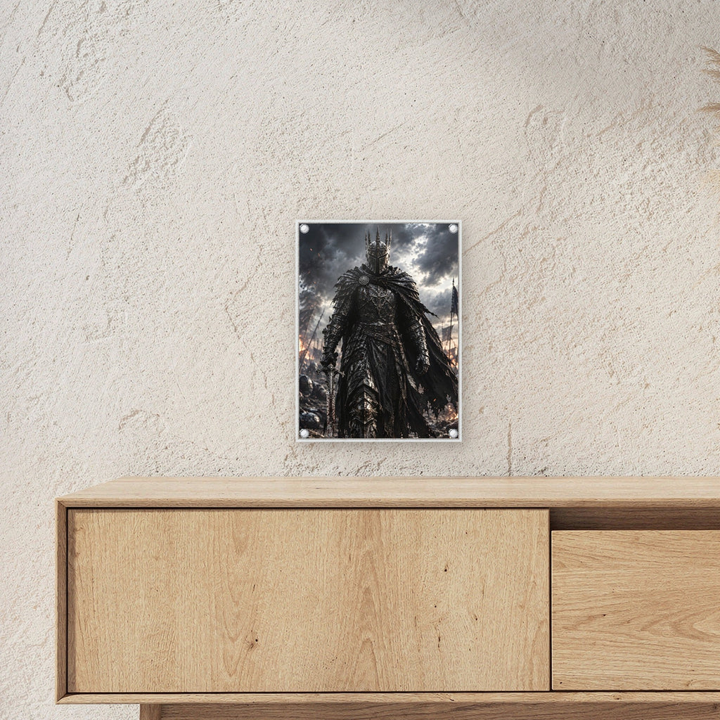 Der Gotische Ritter – Ritter mit Dornenhelm schreitet durch Rauch und Trümmer, auf Acrylglas mit Abstandshaltern, über einem Sideboard