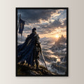 Über dem goldenen Tal – Ritter mit Banner blickt über ein Tal im Sonnenuntergang, im schwarzen Holzrahmen, von vorn an heller Wand
