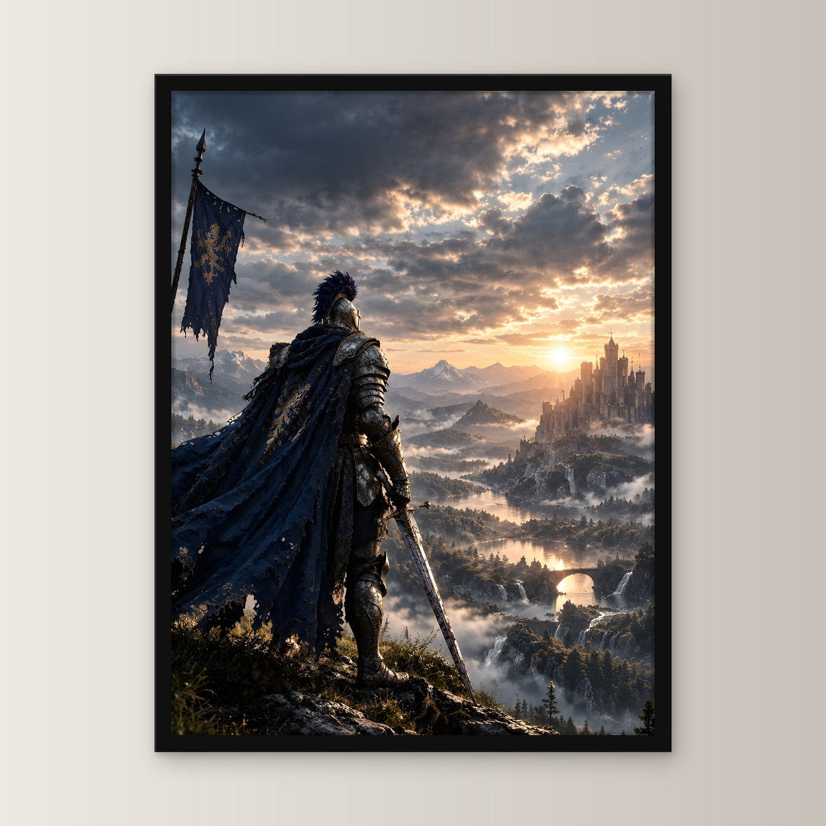 Über dem goldenen Tal – Ritter mit Banner blickt über ein Tal im Sonnenuntergang, im schwarzen Holzrahmen, von vorn an heller Wand