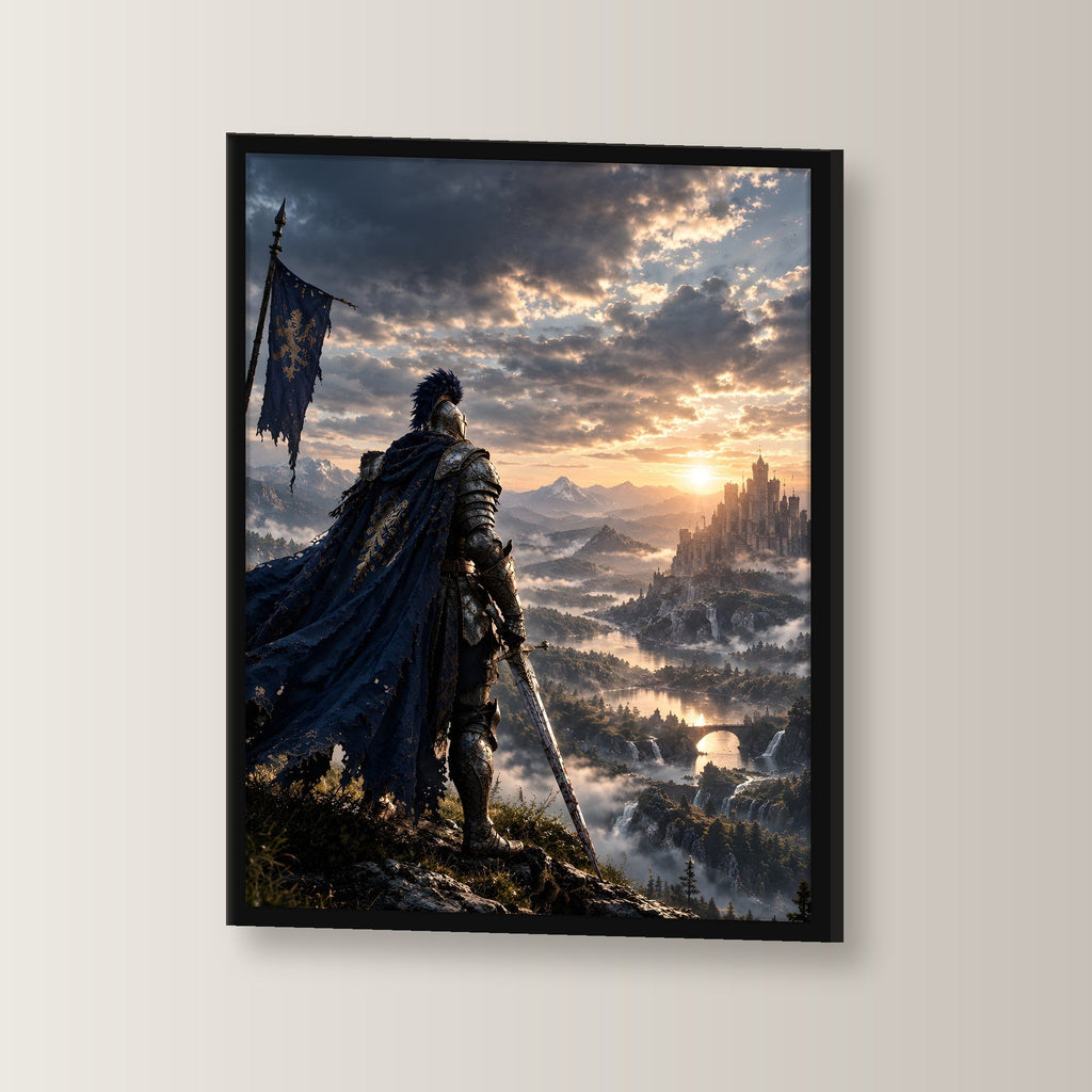 Über dem goldenen Tal – Ritter mit Banner blickt über ein Tal im Sonnenuntergang, im schwarzen Holzrahmen, leicht gedreht an der Wand