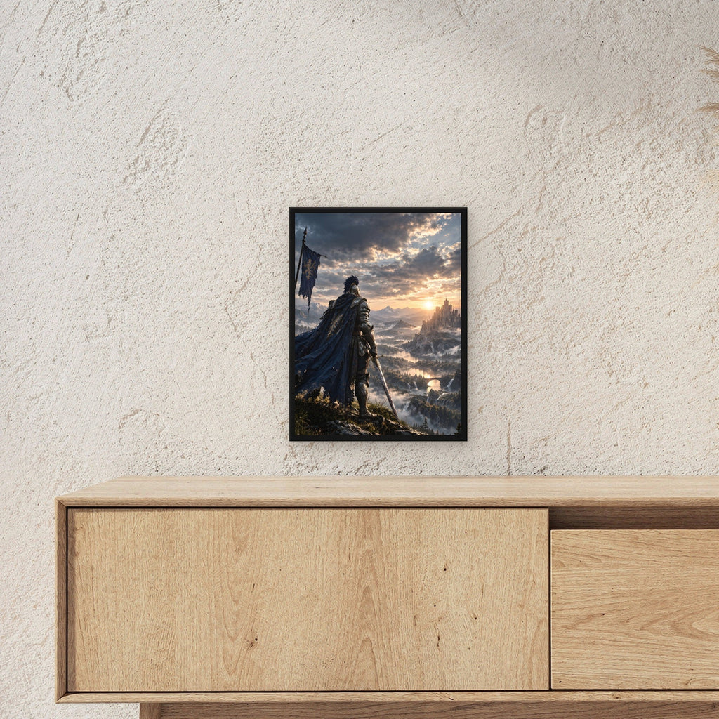 Über dem goldenen Tal – Ritter mit Banner blickt über ein Tal im Sonnenuntergang, im schwarzen Holzrahmen, über einem Sideboard
