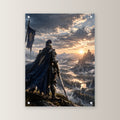 Über dem goldenen Tal – Ritter mit Banner blickt über ein Tal im Sonnenuntergang, auf Acrylglas mit Abstandshaltern, von vorn an heller Wand