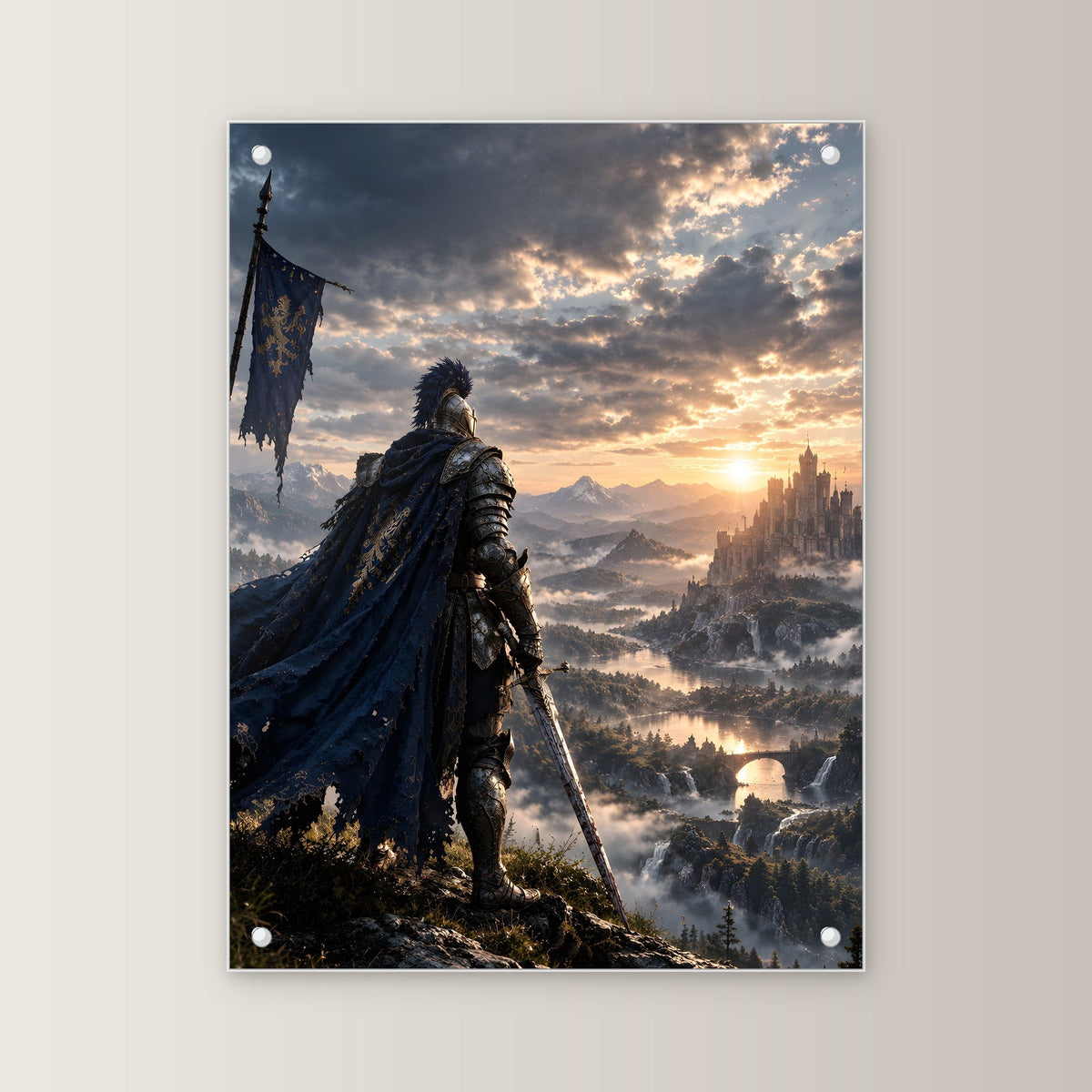 Über dem goldenen Tal – Ritter mit Banner blickt über ein Tal im Sonnenuntergang, auf Acrylglas mit Abstandshaltern, von vorn an heller Wand