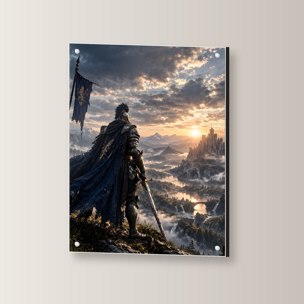 Über dem goldenen Tal – Ritter mit Banner blickt über ein Tal im Sonnenuntergang, auf Acrylglas mit Abstandshaltern, leicht gedreht an der Wand