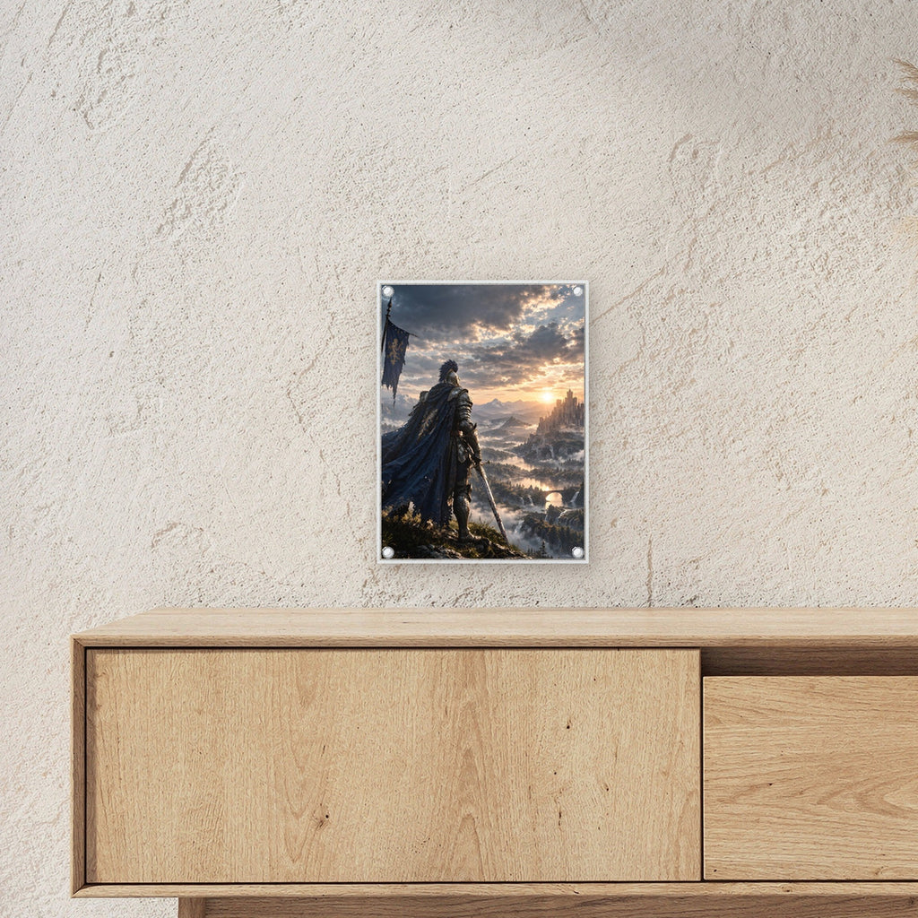 Über dem goldenen Tal – Ritter mit Banner blickt über ein Tal im Sonnenuntergang, auf Acrylglas mit Abstandshaltern, über einem Sideboard