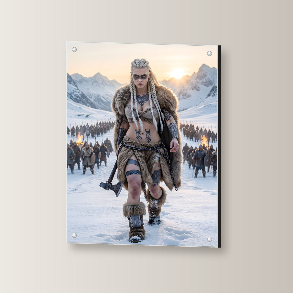Die Heerführerin – Schildmaid im Fell führt ein Heer durch den Schnee, auf Acrylglas mit Edelstahl-Abstandshaltern, leicht gedreht an der Wand