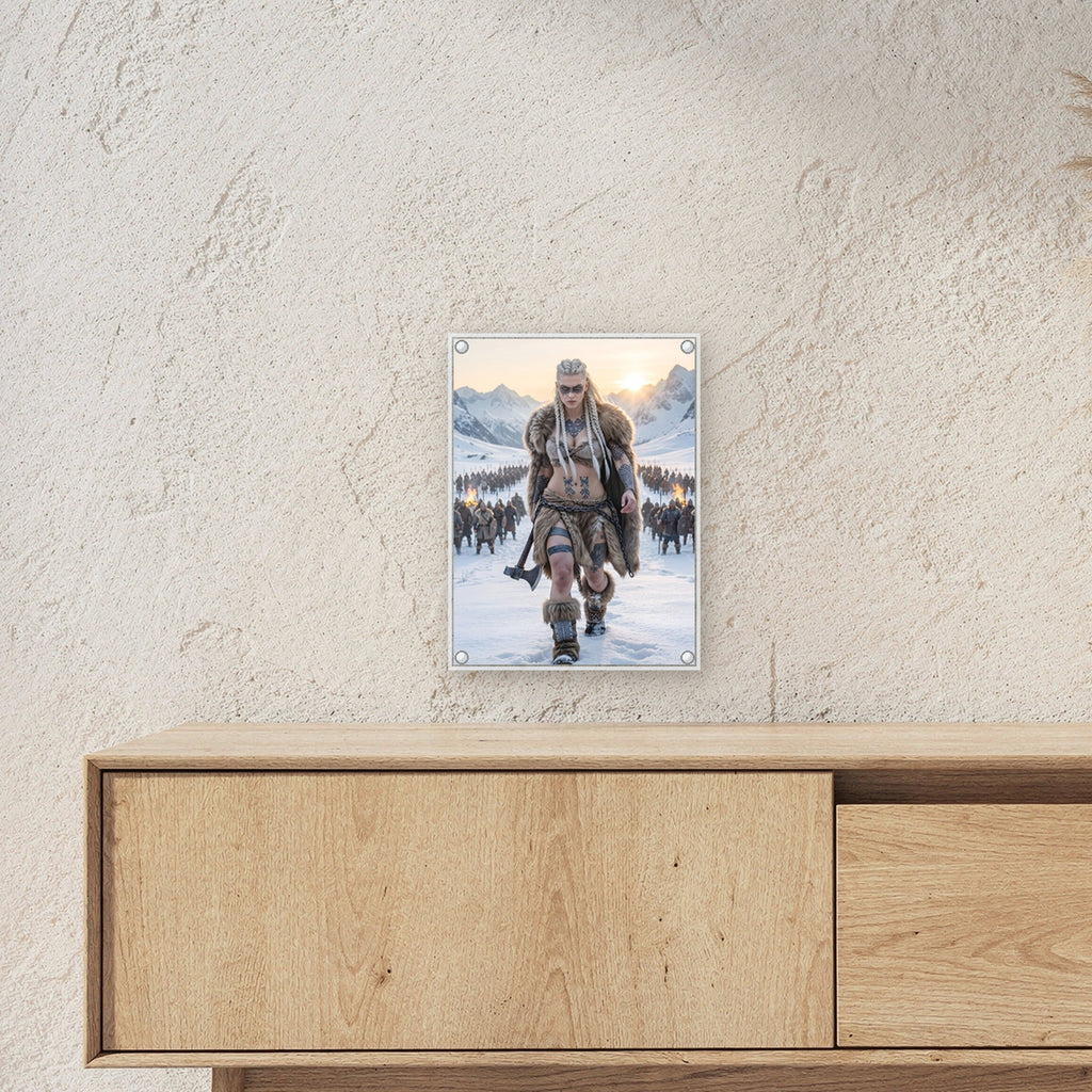 Die Heerführerin – Schildmaid im Fell führt ein Heer durch den Schnee, auf Acrylglas mit Edelstahl-Abstandshaltern, über einem Sideboard, zeigt die Größe im Raum