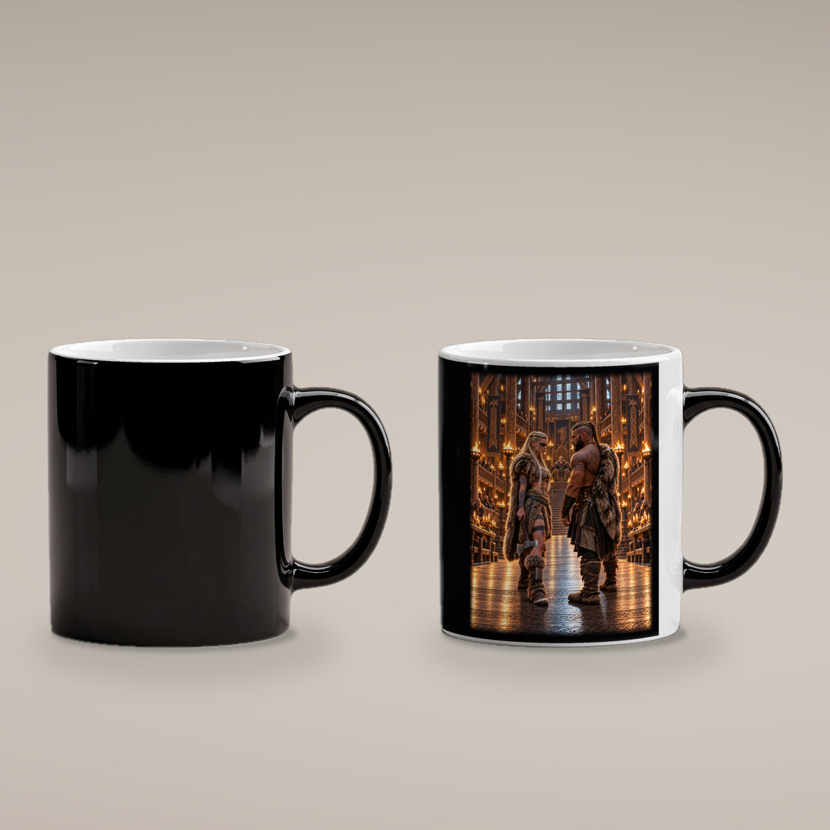 Der Hallenblick – Wikingerpaar im Blickwechsel vor dem Thron, Black Edition (Zaubertasse), kalt schwarz und heiß mit sichtbarem Motiv