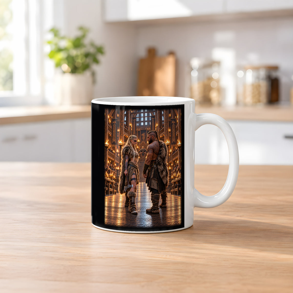 Der Hallenblick – Wikingerpaar im Blickwechsel vor dem Thron, Tasse Weiß, auf einem Küchentresen