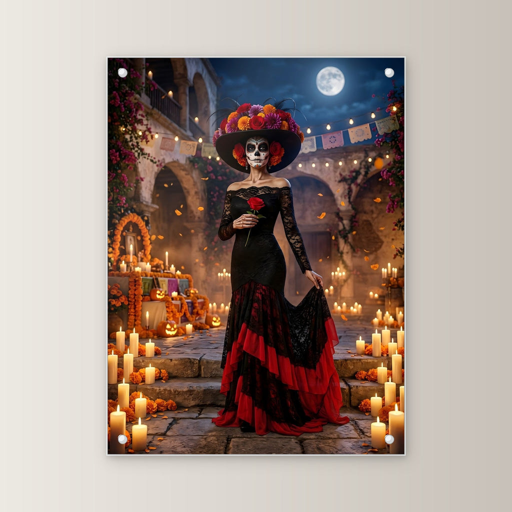 Die Catrina – Frau mit Totenkopf-Schminke und Blumenhut im Hof voller Kerzen und Ringelblumen, auf Acrylglas mit Edelstahl-Abstandshaltern, gerade von vorn an heller Wand