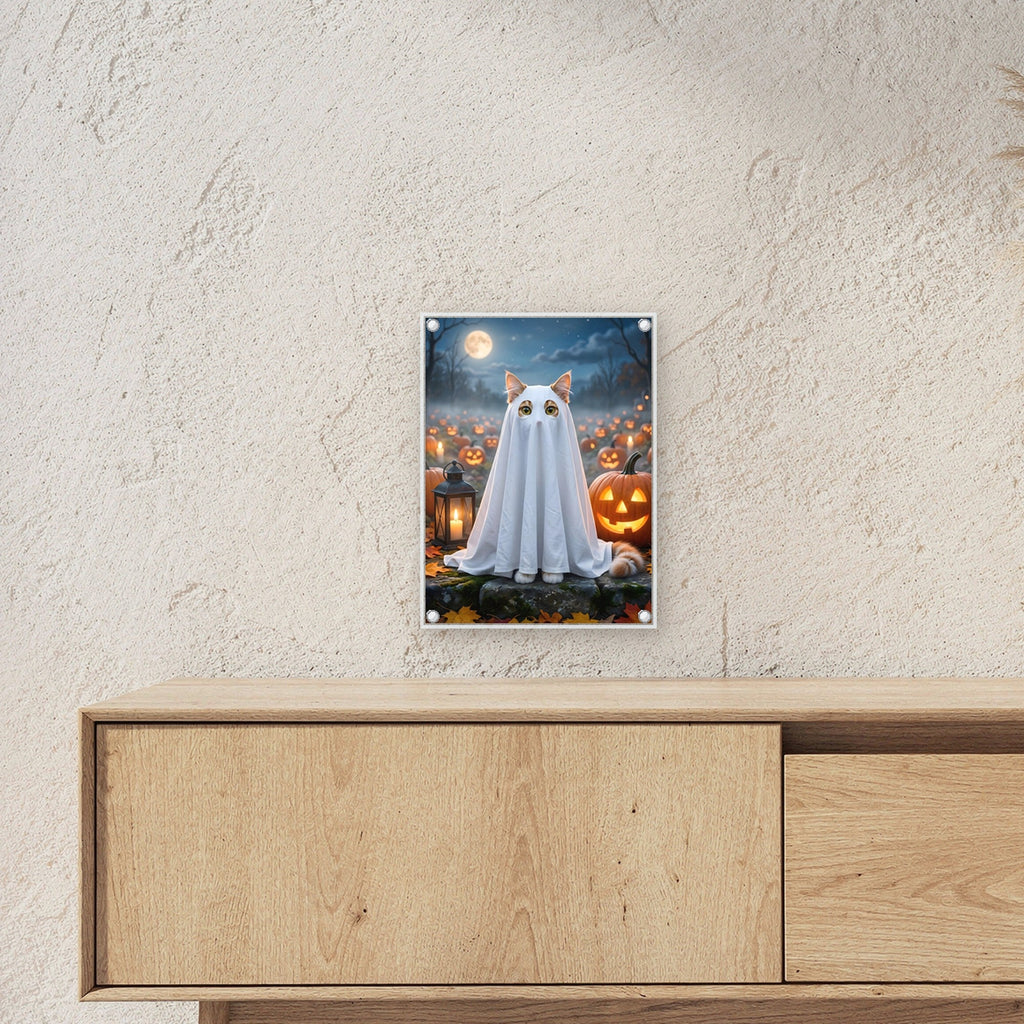 Das Lakengespenst – Katze mit Ohren unter dem Gespensterlaken auf dem Stein zwischen Kürbislaternen, auf Acrylglas mit Edelstahl-Abstandshaltern, über einem Sideboard, zeigt die Größe im Raum