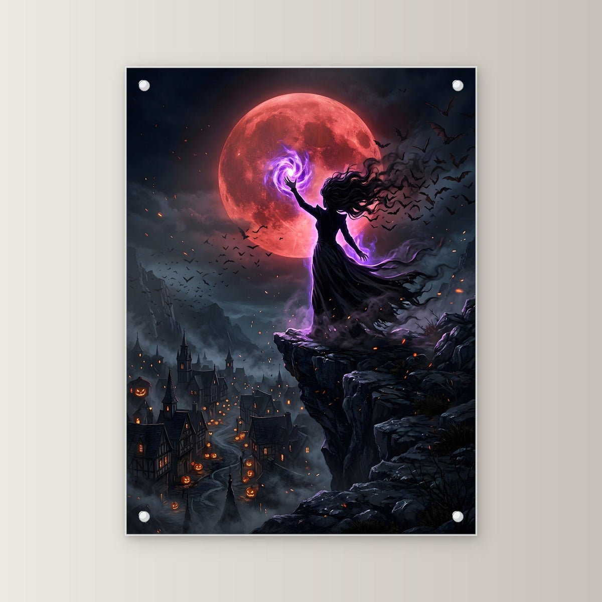 Die Hexenkönigin – Hexe beschwört violettes Feuer auf der Klippe vor dem Blutmond, auf Acrylglas mit Edelstahl-Abstandshaltern, gerade von vorn an heller Wand