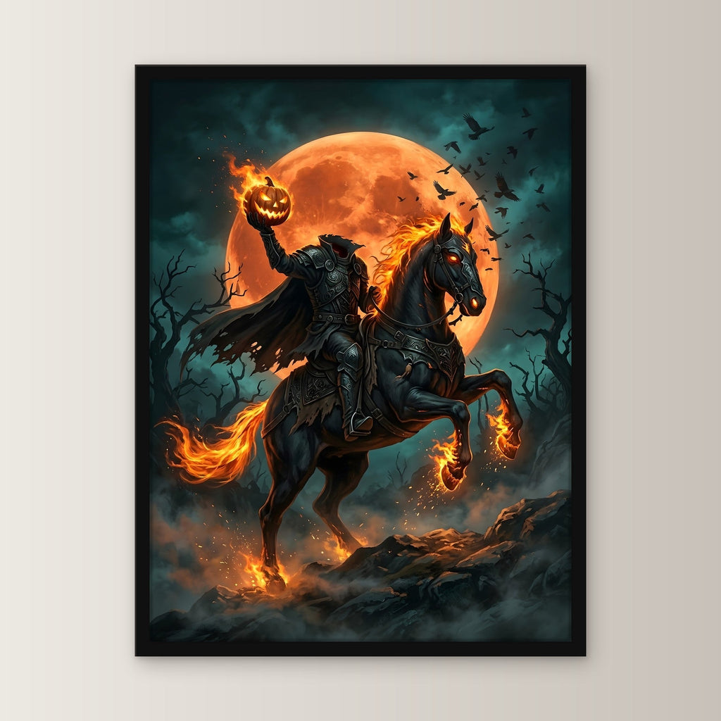 Der kopflose Reiter – Kopfloser Reiter auf schwarzem Ross mit Flammenhufen vor dem Vollmond, im schwarzen Holzrahmen, gerade von vorn an heller Wand