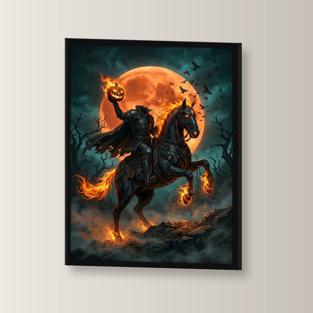 Der kopflose Reiter – Kopfloser Reiter auf schwarzem Ross mit Flammenhufen vor dem Vollmond, im schwarzen Holzrahmen, leicht gedreht an der Wand