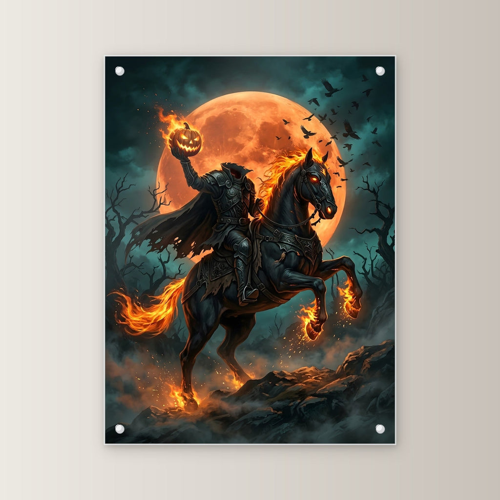 Der kopflose Reiter – Kopfloser Reiter auf schwarzem Ross mit Flammenhufen vor dem Vollmond, auf Acrylglas mit Edelstahl-Abstandshaltern, gerade von vorn an heller Wand