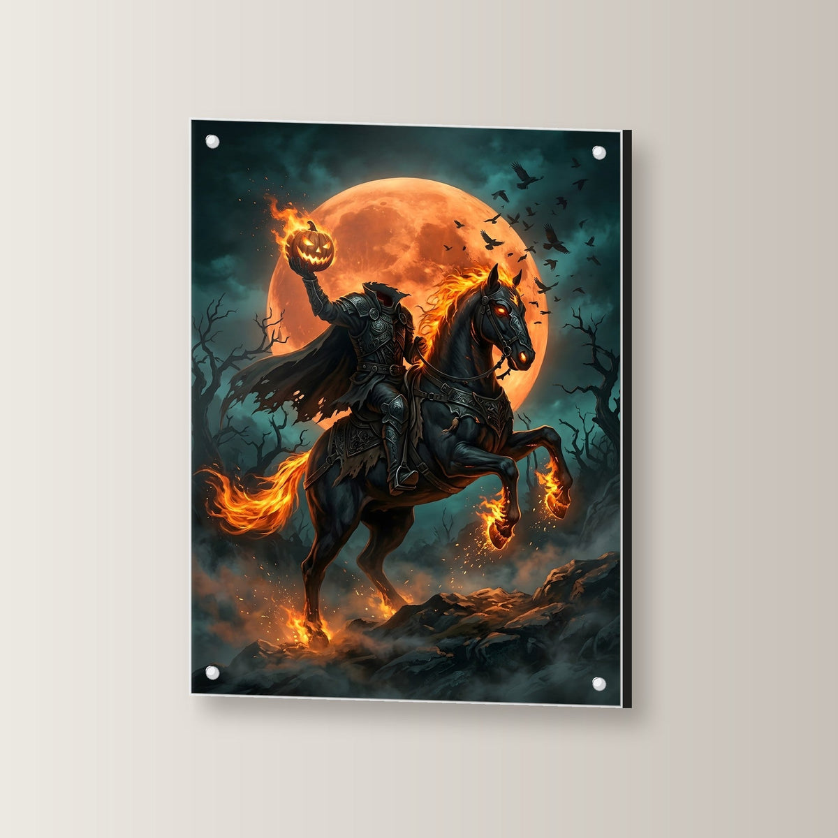 Der kopflose Reiter – Kopfloser Reiter auf schwarzem Ross mit Flammenhufen vor dem Vollmond, auf Acrylglas mit Edelstahl-Abstandshaltern, leicht gedreht an der Wand