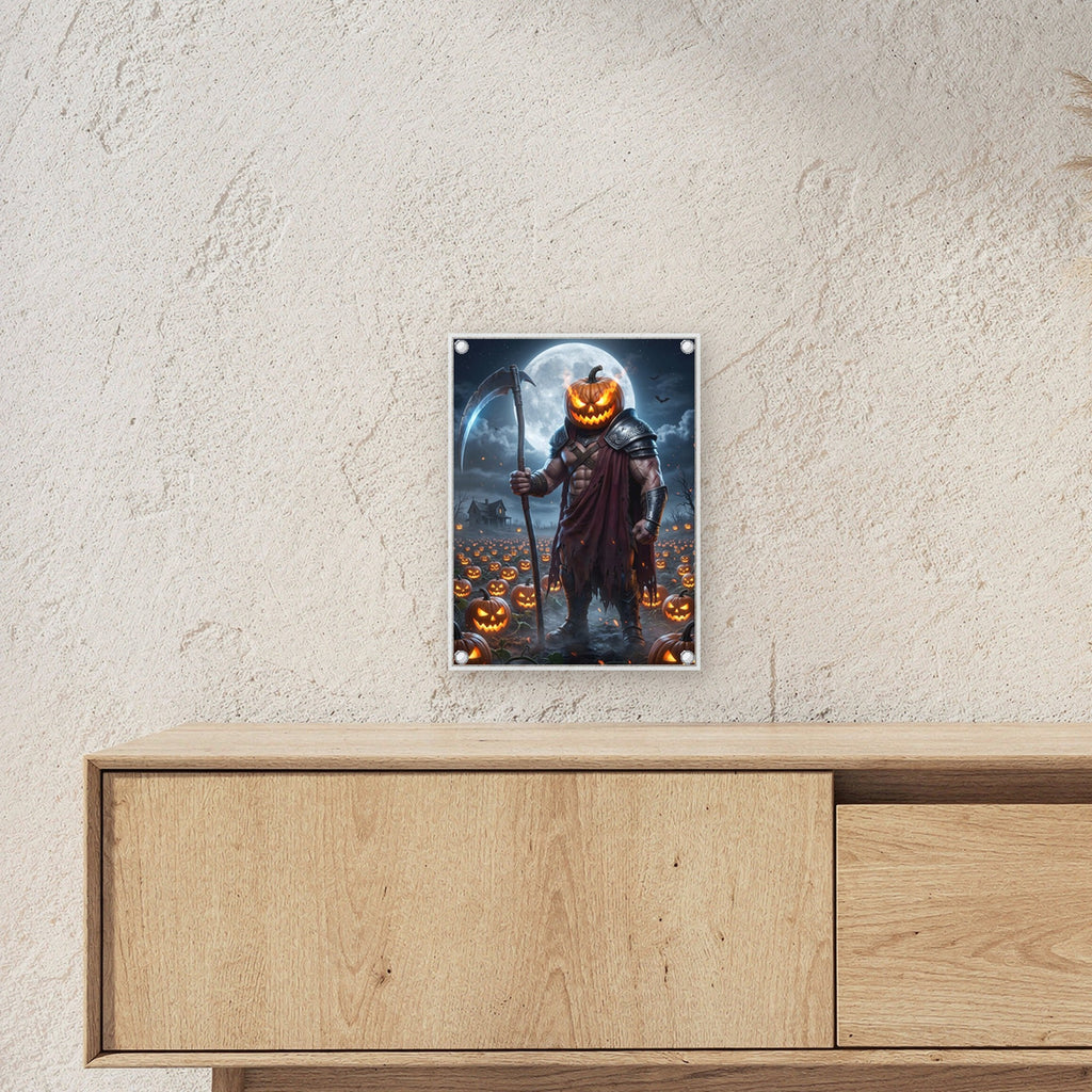 Der Kürbis-Kriegsherr – Kürbiskopf-Krieger mit Sense auf dem Feld der Laternen, auf Acrylglas mit Edelstahl-Abstandshaltern, über einem Sideboard, zeigt die Größe im Raum
