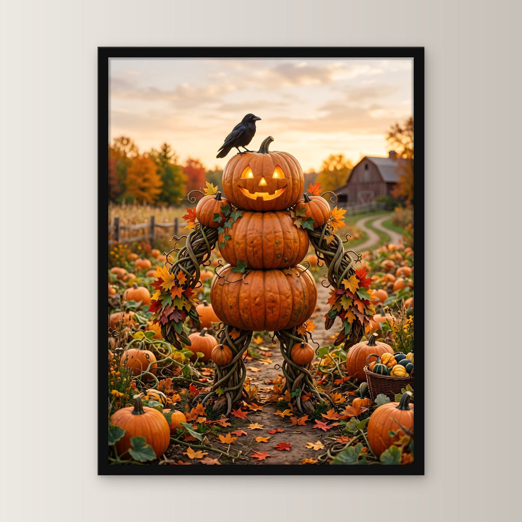 Die Kürbis-Vogelscheuche – Vogelscheuche aus Kürbissen mit Rabe auf dem Herbstfeld, im schwarzen Holzrahmen, gerade von vorn an heller Wand