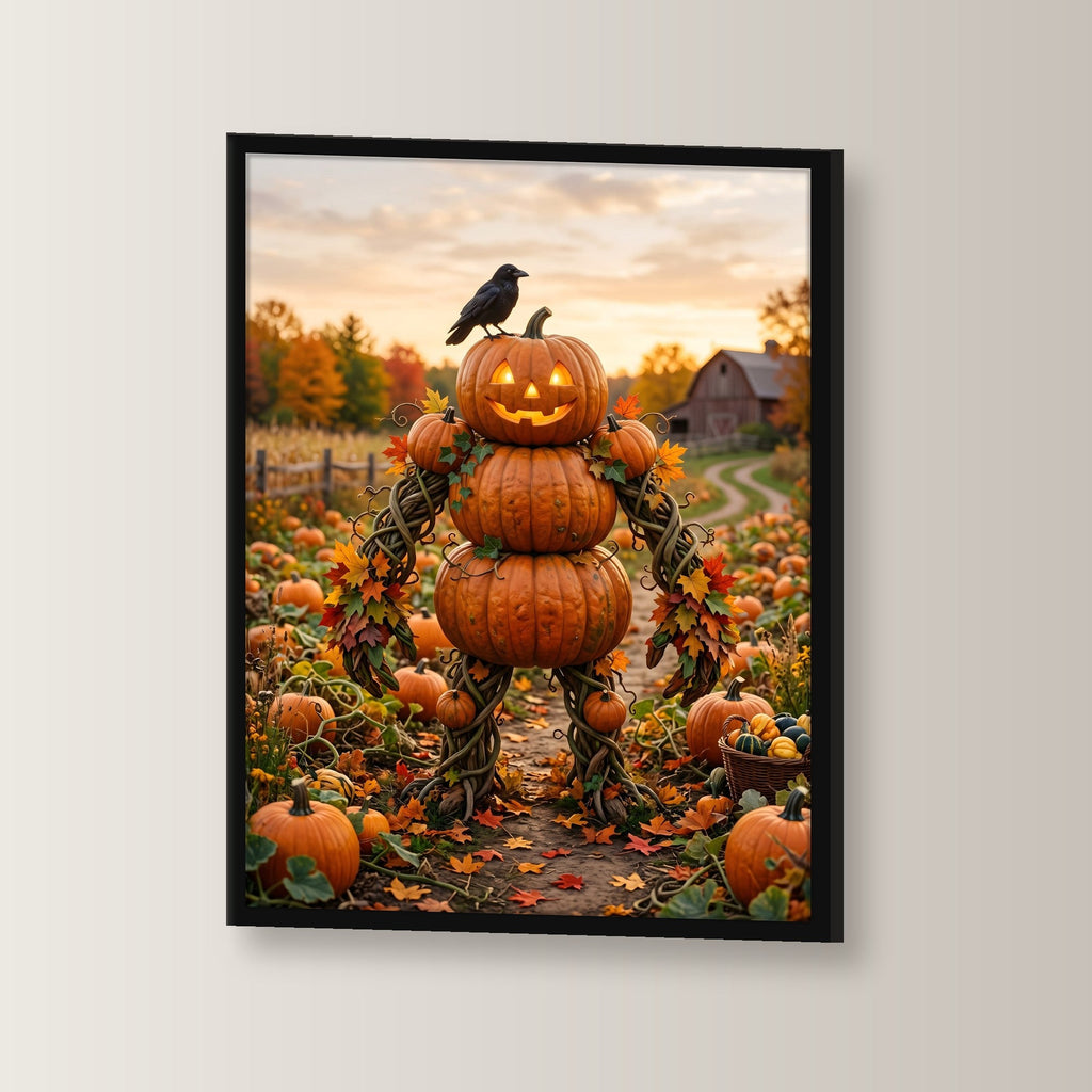 Die Kürbis-Vogelscheuche – Vogelscheuche aus Kürbissen mit Rabe auf dem Herbstfeld, im schwarzen Holzrahmen, leicht gedreht an der Wand