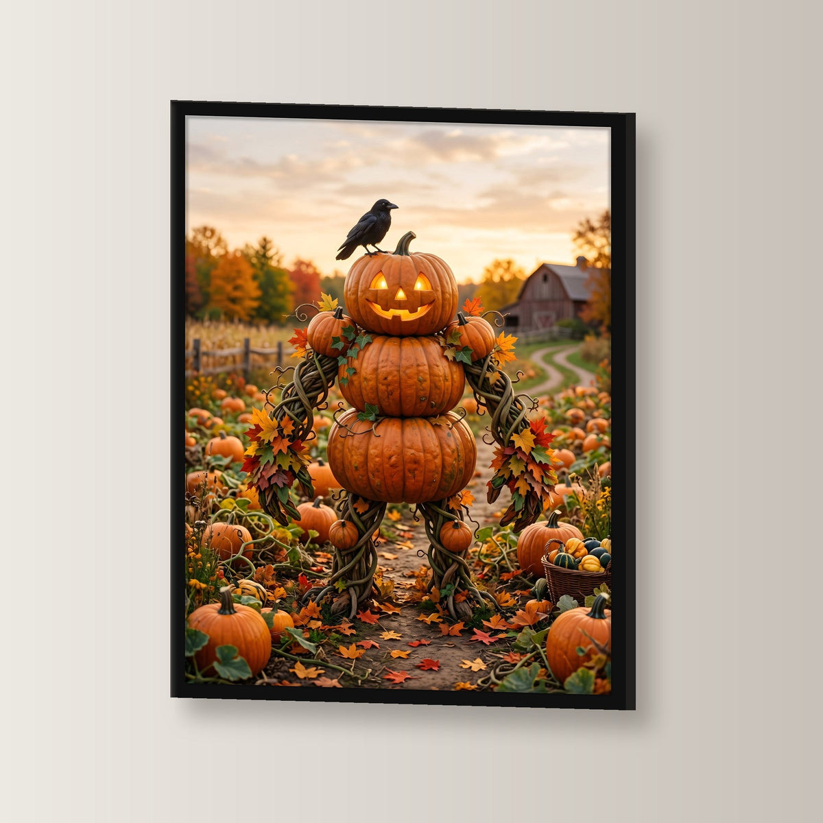 Die Kürbis-Vogelscheuche – Vogelscheuche aus Kürbissen mit Rabe auf dem Herbstfeld, im schwarzen Holzrahmen, leicht gedreht an der Wand