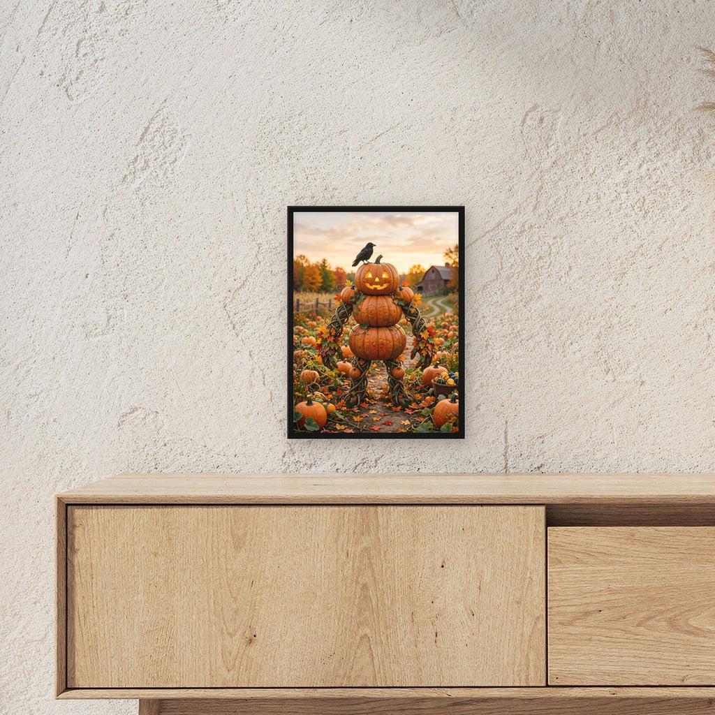 Die Kürbis-Vogelscheuche – Vogelscheuche aus Kürbissen mit Rabe auf dem Herbstfeld, im schwarzen Holzrahmen, über einem Sideboard, zeigt die Größe im Raum