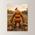 Die Kürbis-Vogelscheuche – Vogelscheuche aus Kürbissen mit Rabe auf dem Herbstfeld, auf Acrylglas mit Edelstahl-Abstandshaltern, gerade von vorn an heller Wand
