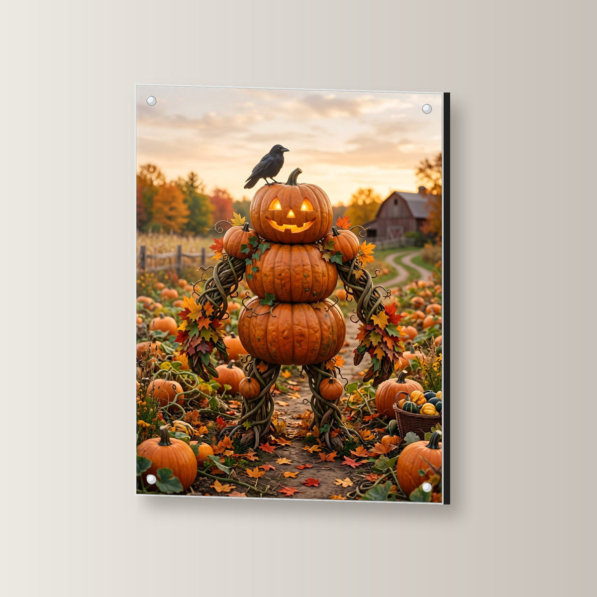Die Kürbis-Vogelscheuche – Vogelscheuche aus Kürbissen mit Rabe auf dem Herbstfeld, auf Acrylglas mit Edelstahl-Abstandshaltern, leicht gedreht an der Wand