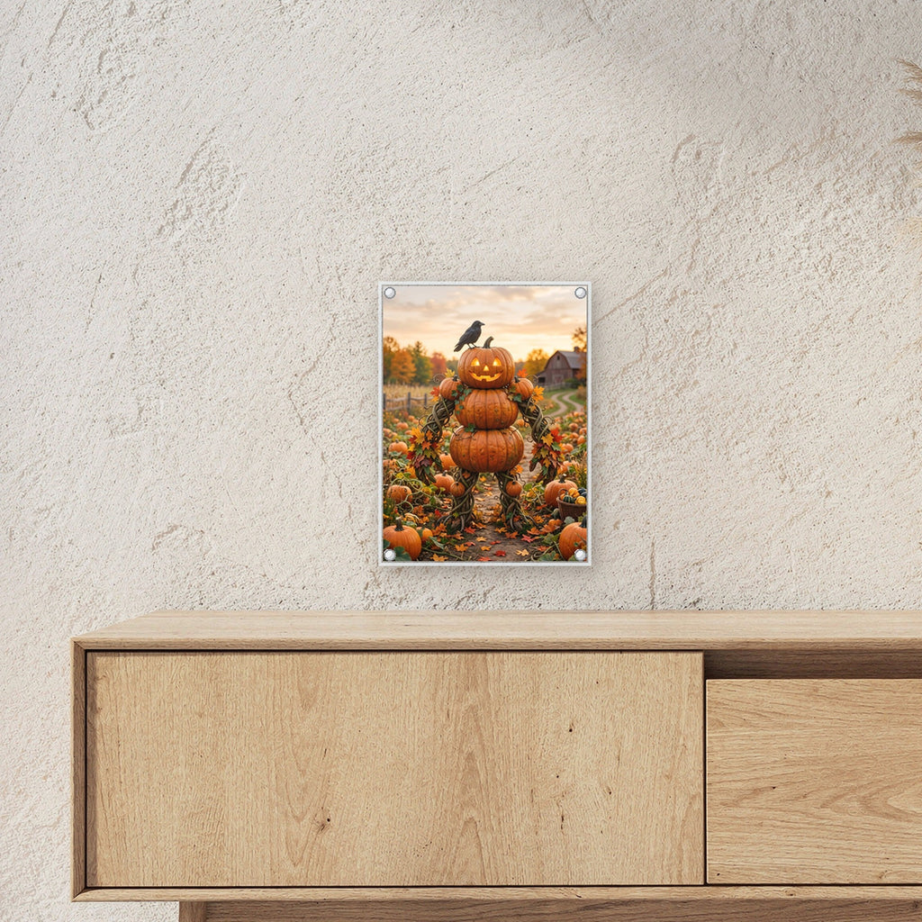 Die Kürbis-Vogelscheuche – Vogelscheuche aus Kürbissen mit Rabe auf dem Herbstfeld, auf Acrylglas mit Edelstahl-Abstandshaltern, über einem Sideboard, zeigt die Größe im Raum