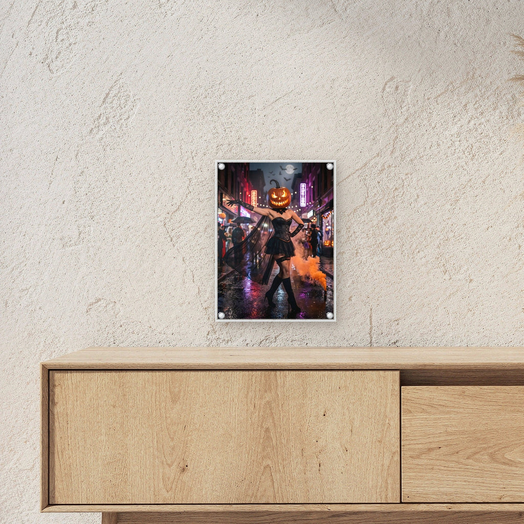 Die Nachtschwärmerin – Tänzerin mit Kürbiskopf und Korsett auf der nassen Straße im orangen Rauch, auf Acrylglas mit Edelstahl-Abstandshaltern, über einem Sideboard, zeigt die Größe im Raum