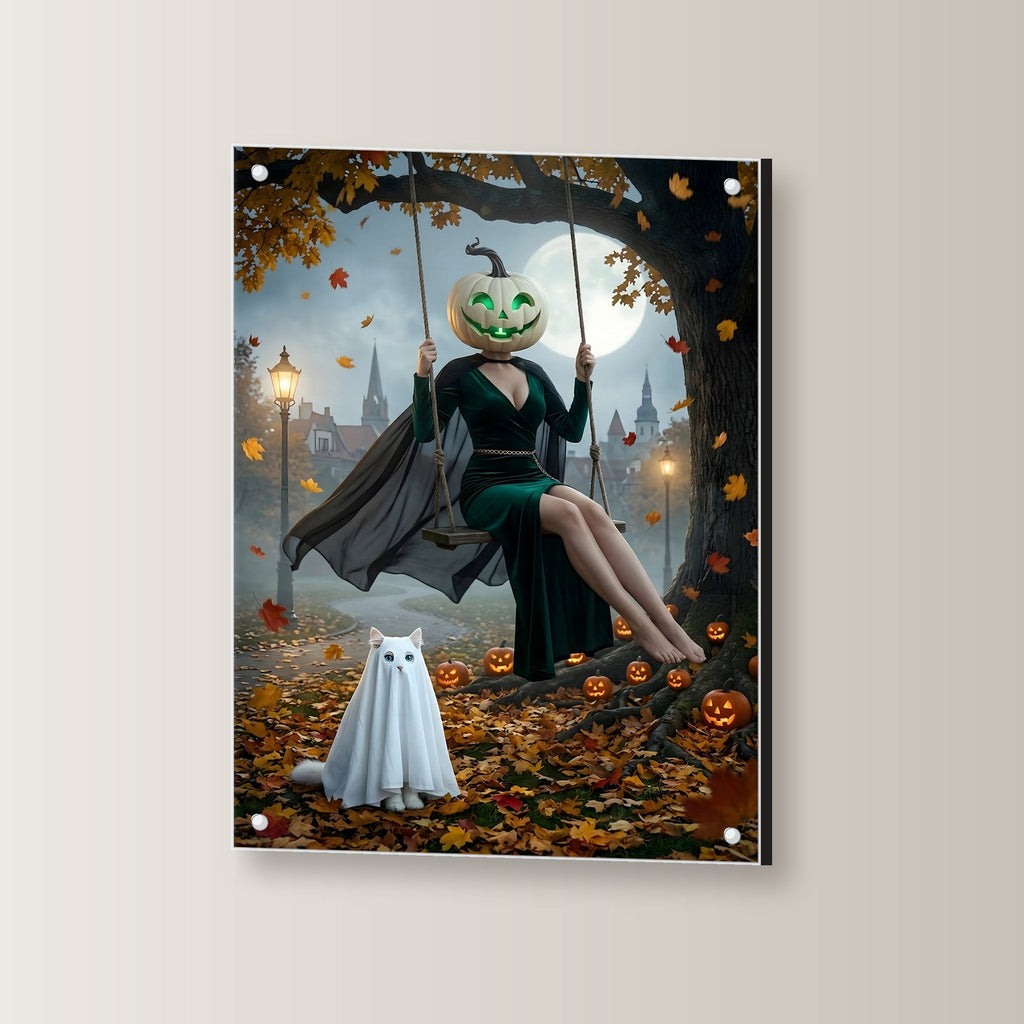 Die Herbstschaukel – Frau mit grünem Kürbiskopf auf der Schaukel unter dem Baum mit Katzengespenst, auf Acrylglas mit Edelstahl-Abstandshaltern, leicht gedreht an der Wand