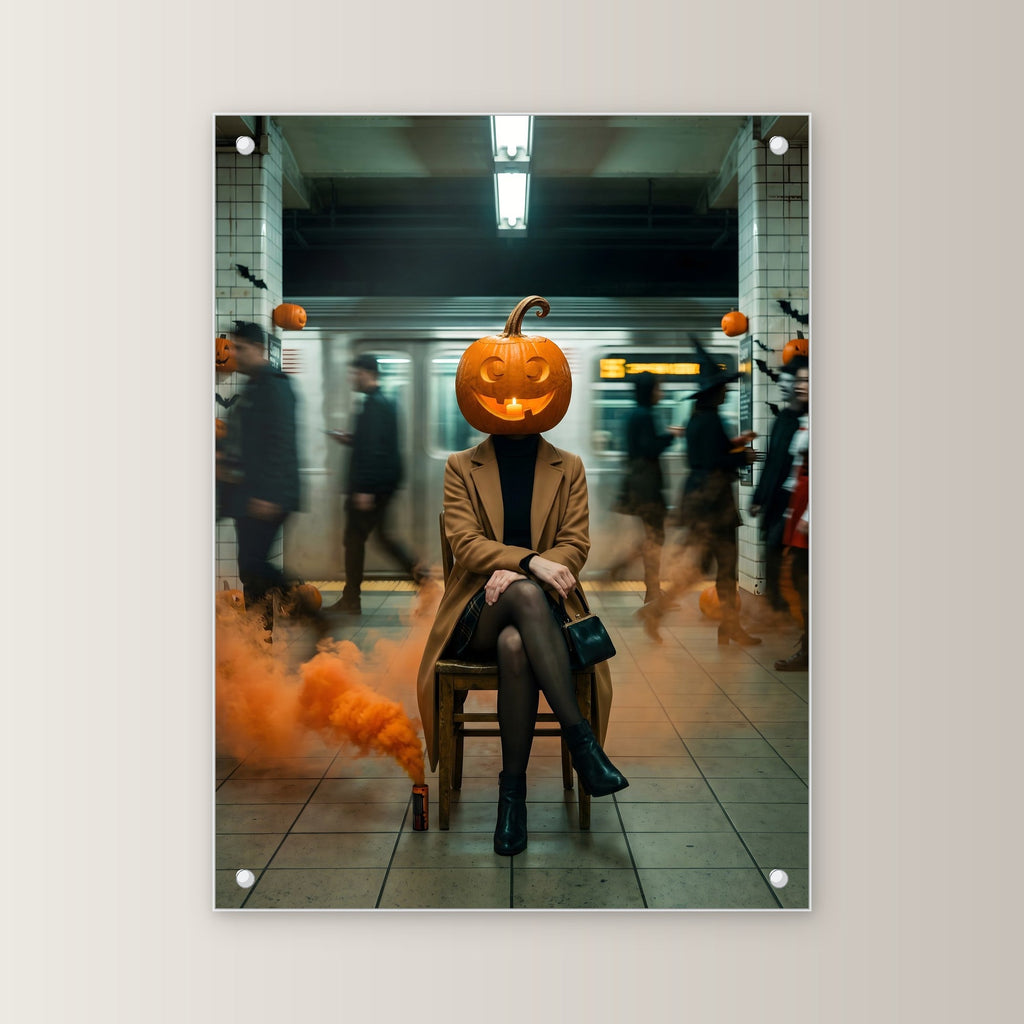 Die Kürbis-Pendlerin – Frau mit Kürbiskopf sitzt im Mantel am U-Bahn-Gleis im orangen Rauch, auf Acrylglas mit Edelstahl-Abstandshaltern, gerade von vorn an heller Wand