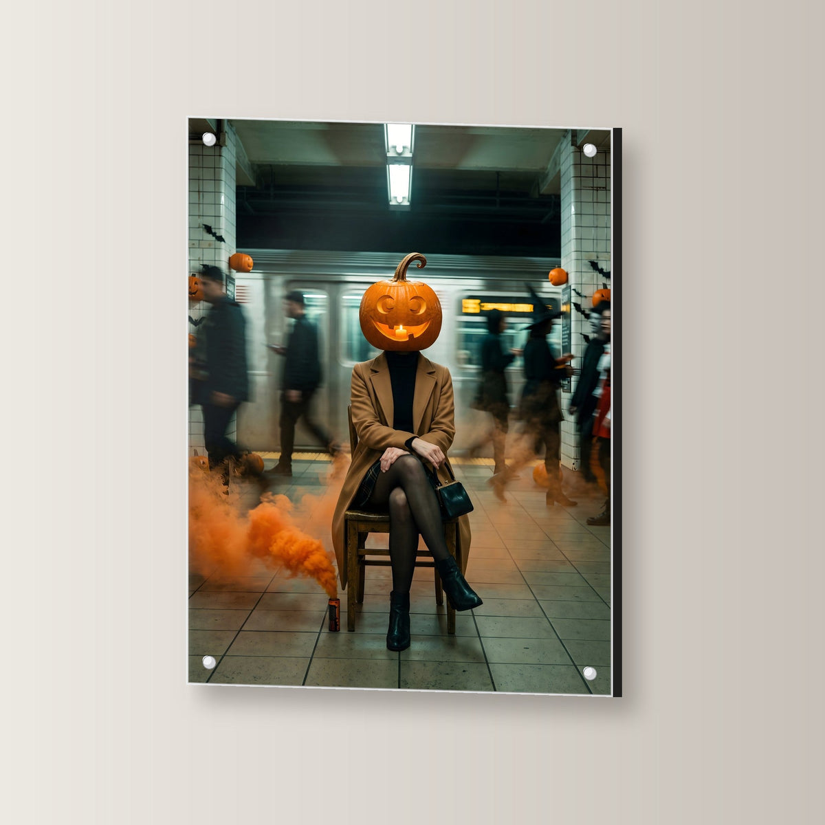Die Kürbis-Pendlerin – Frau mit Kürbiskopf sitzt im Mantel am U-Bahn-Gleis im orangen Rauch, auf Acrylglas mit Edelstahl-Abstandshaltern, leicht gedreht an der Wand