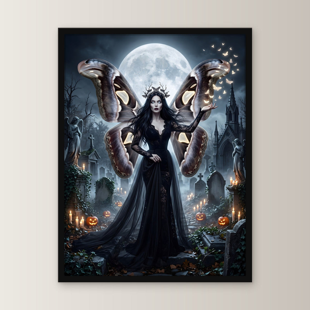 Die Mottenkönigin – Königin mit Mottenflügeln im schwarzen Spitzenkleid auf dem Friedhof im Vollmond, im schwarzen Holzrahmen, gerade von vorn an heller Wand