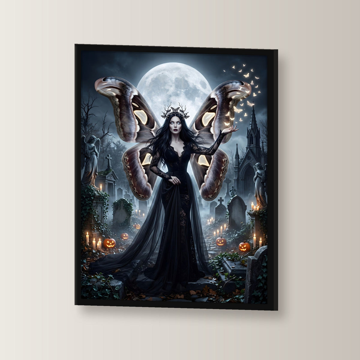 Die Mottenkönigin – Königin mit Mottenflügeln im schwarzen Spitzenkleid auf dem Friedhof im Vollmond, im schwarzen Holzrahmen, leicht gedreht an der Wand