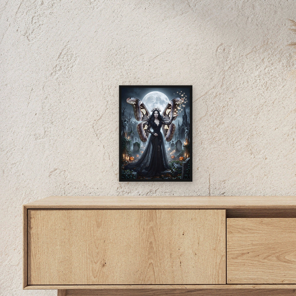 Die Mottenkönigin – Königin mit Mottenflügeln im schwarzen Spitzenkleid auf dem Friedhof im Vollmond, im schwarzen Holzrahmen, über einem Sideboard, zeigt die Größe im Raum