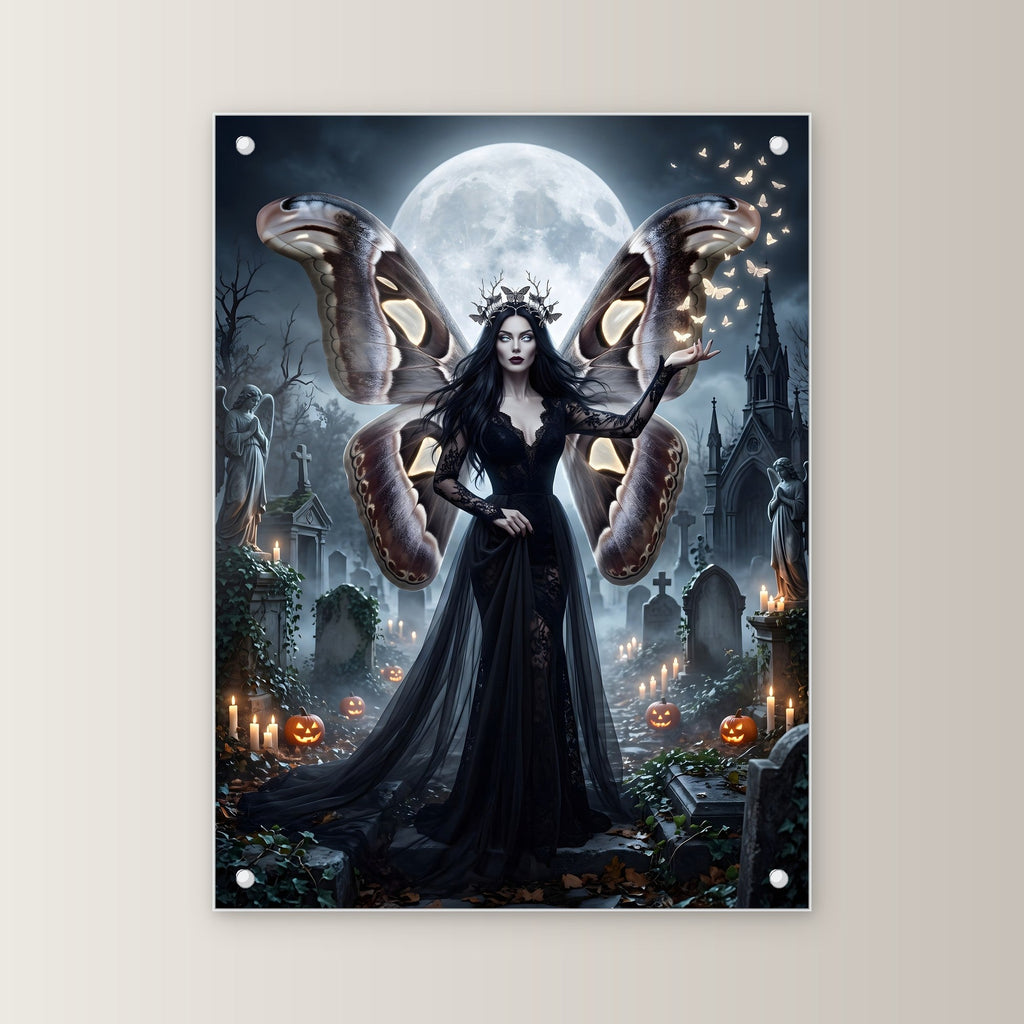 Die Mottenkönigin – Königin mit Mottenflügeln im schwarzen Spitzenkleid auf dem Friedhof im Vollmond, auf Acrylglas mit Edelstahl-Abstandshaltern, gerade von vorn an heller Wand